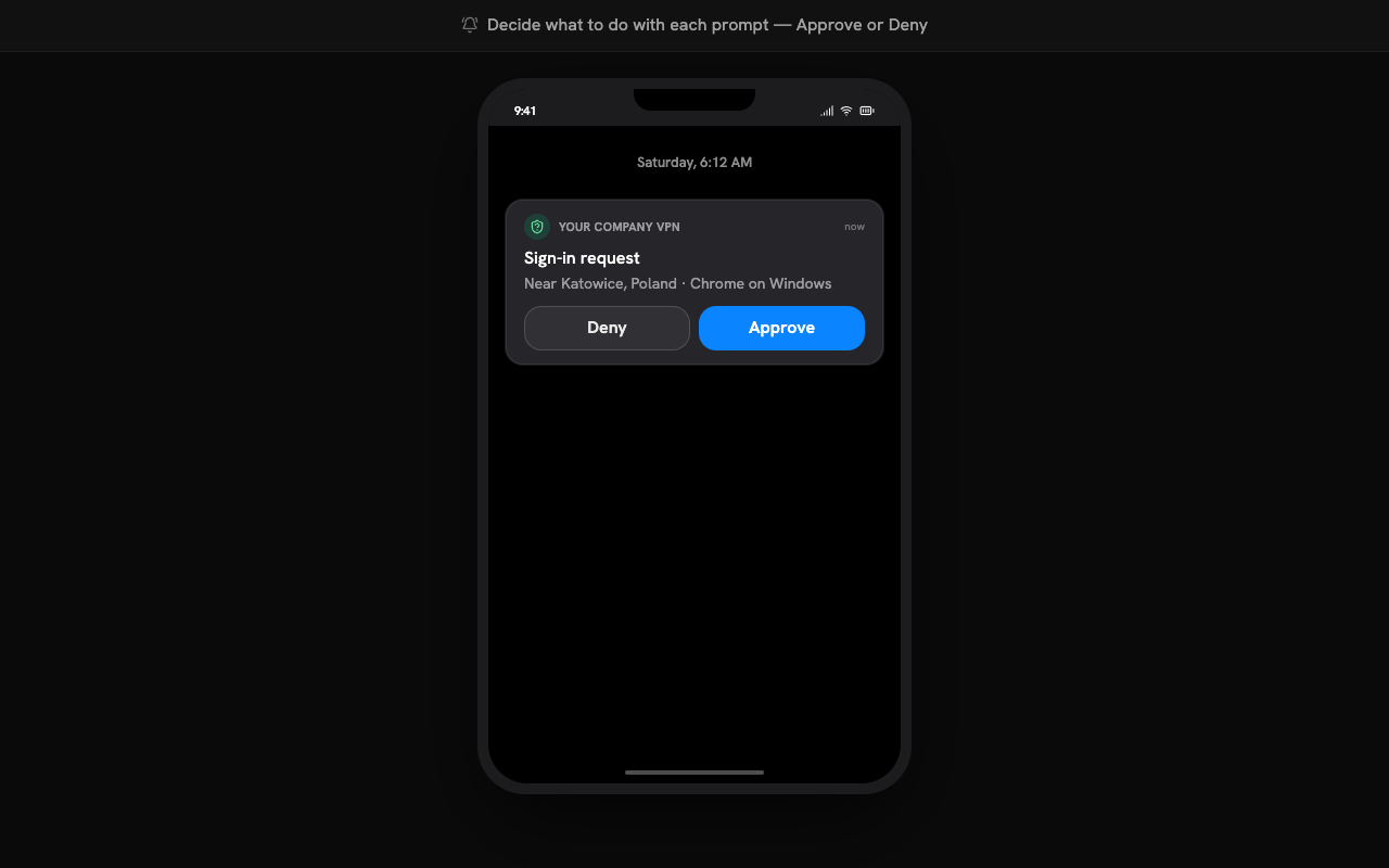MFA drill showing a VPN sign-in push notification on a phone