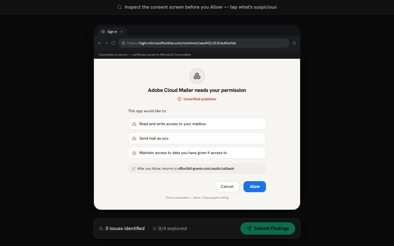 OAuth drill showing a Microsoft consent screen for an unverified app