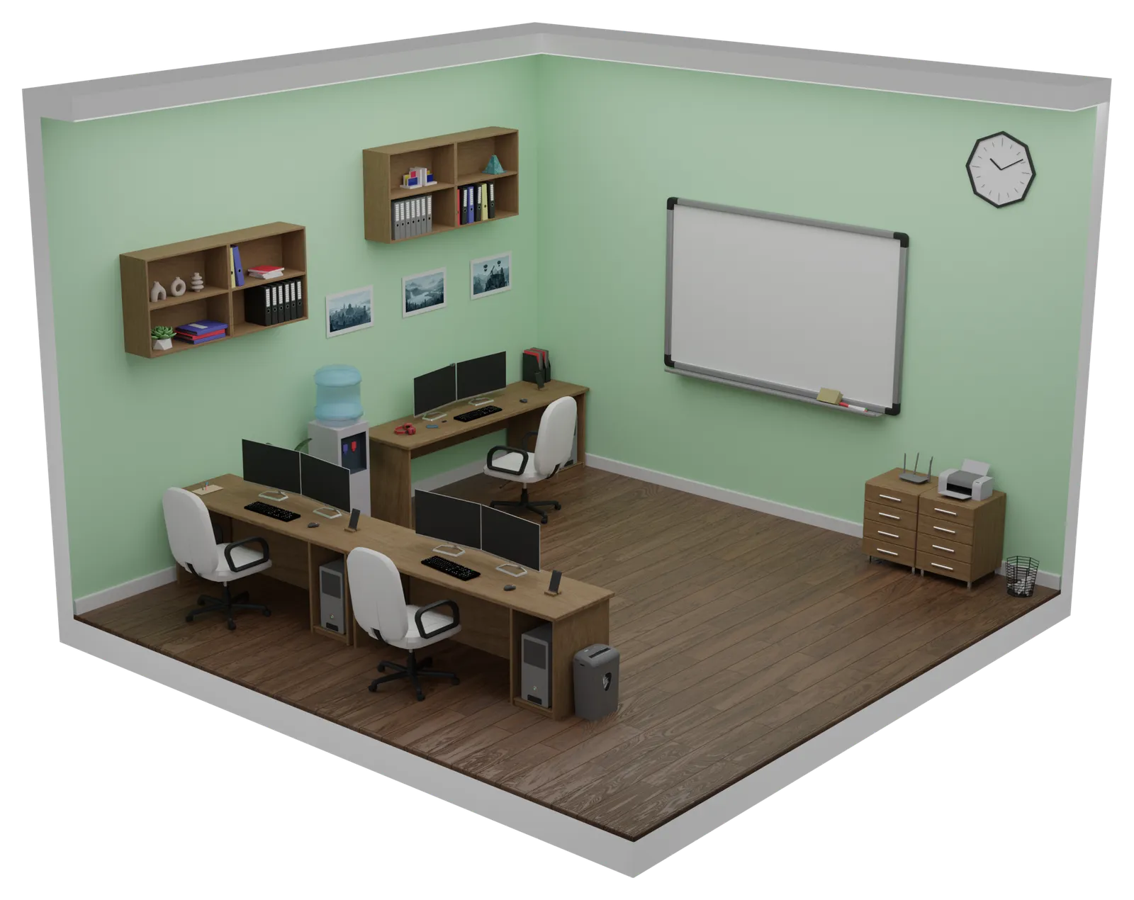 Isometric 3D render of an open-plan office with three desks, a whiteboard, a printer and a paper shredder, the room used in the PII Document Redaction exercise
