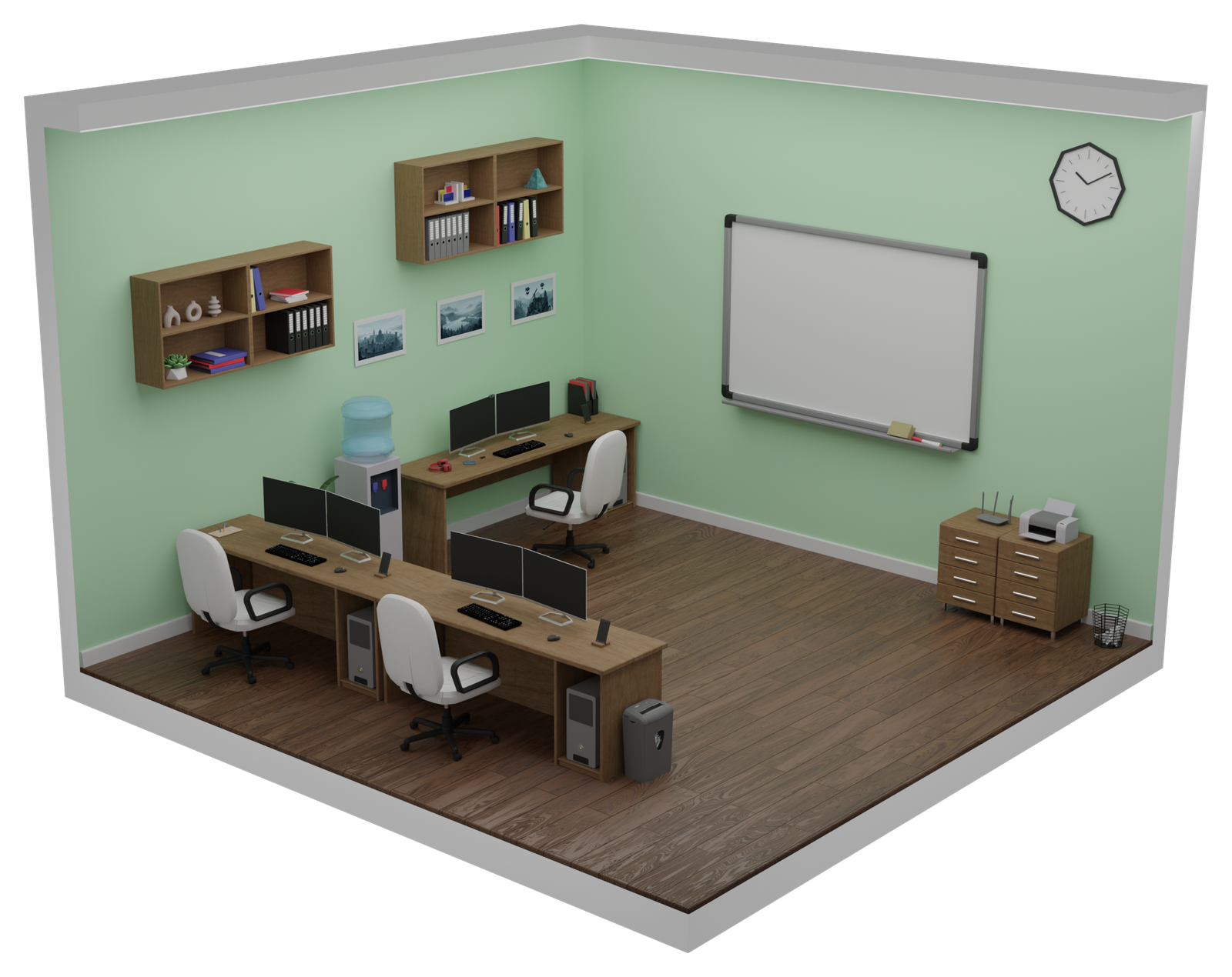An employee exercise in its 3D home office: a desk with two monitors where the learner works through the scenario.