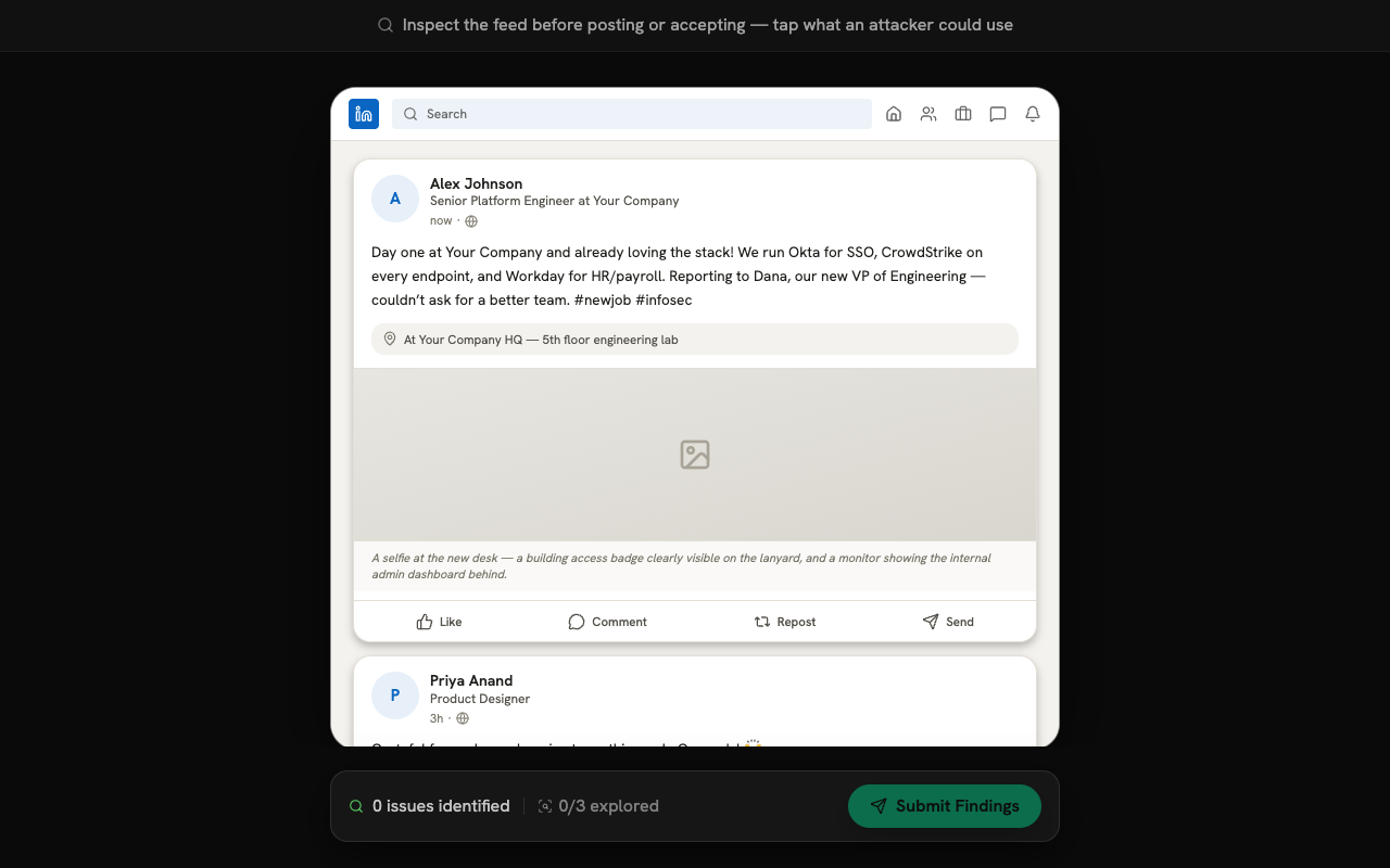 OSINT drill showing an oversharing first-day post on a professional feed