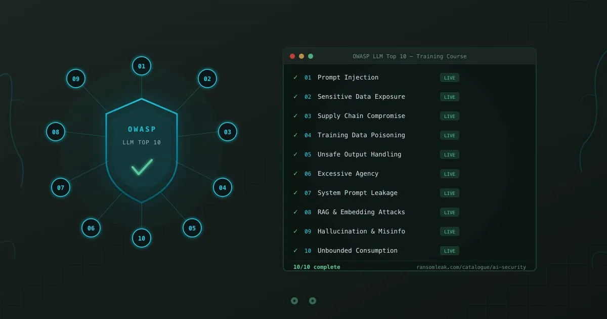 OWASP Top 10 for LLM Applications training course - terminal showing all 10 exercises live with checkmarks