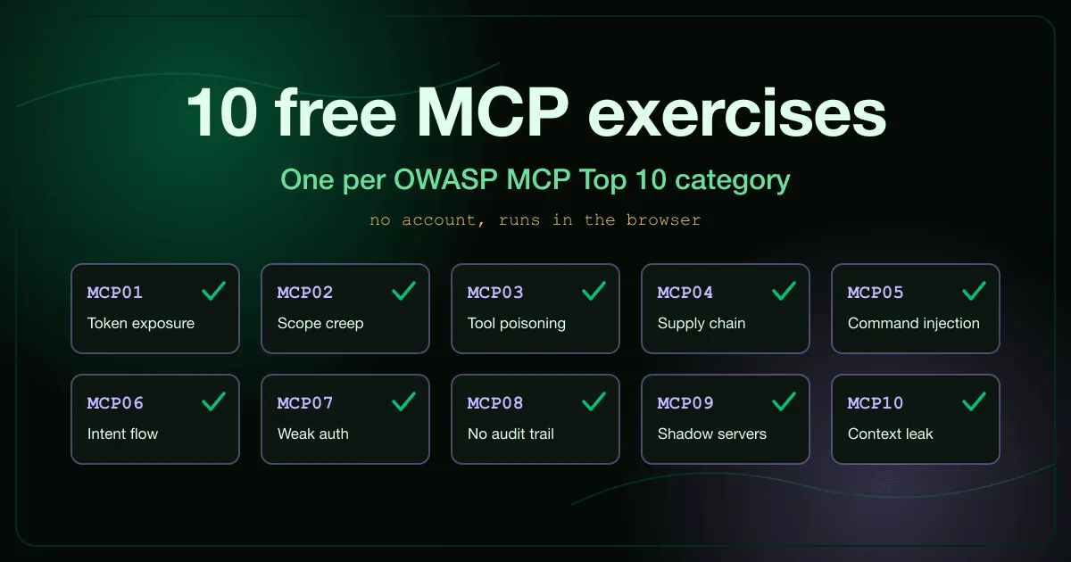 Навчальний курс OWASP MCP Top 10 з усіма десятьма вправами з безпеки MCP від MCP01 до MCP10, позначеними як доступні