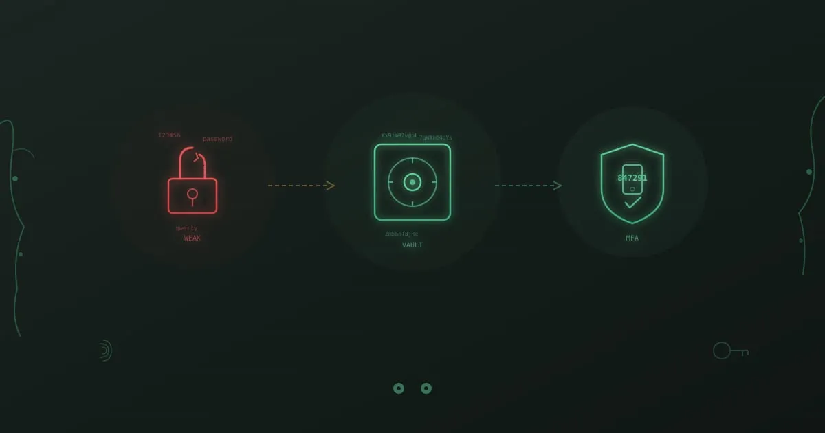Password security progression from a broken lock with weak passwords through a vault representing a password manager to an MFA shield with a one-time code