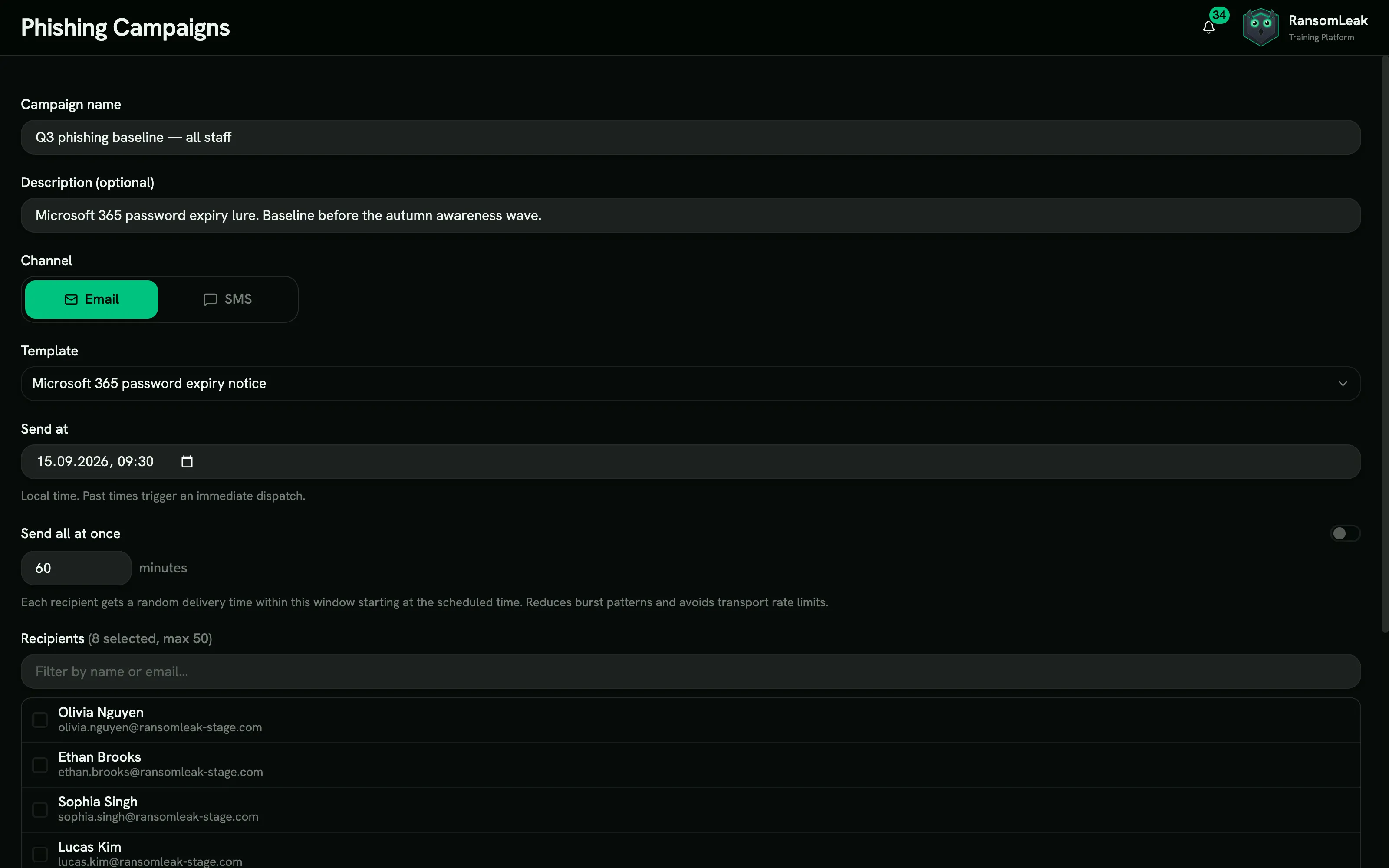 Sends spread across a delivery window, phishing simulation console screen