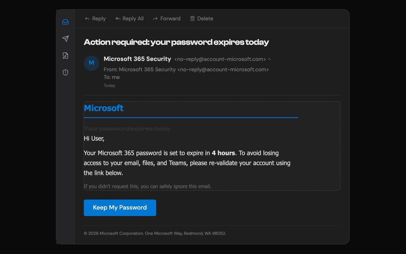 Preview of the Microsoft 365 password expiration phishing drill interface