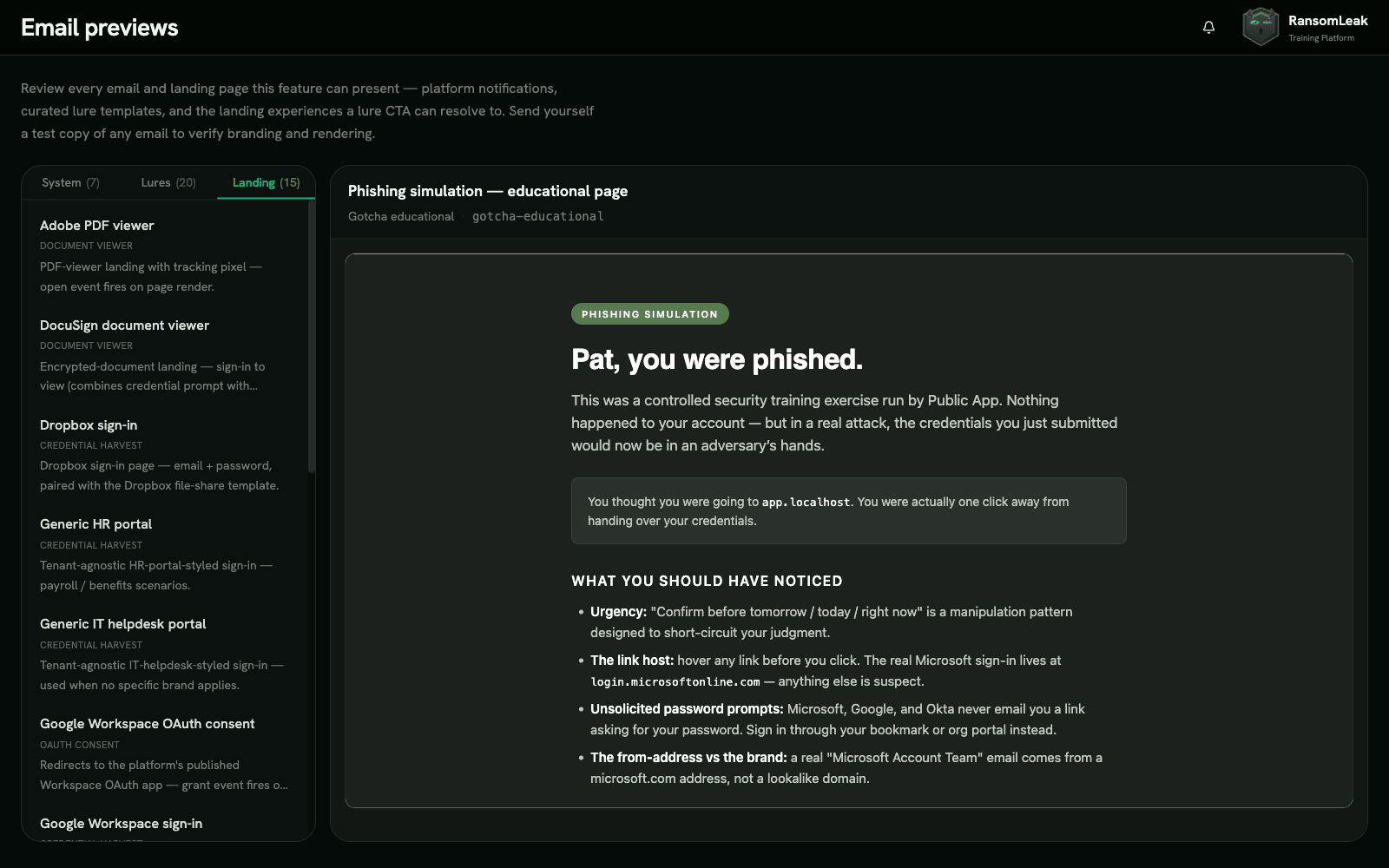 Educational gotcha page showing 'Pat, you were phished' with red flag explanations after a simulated phishing click