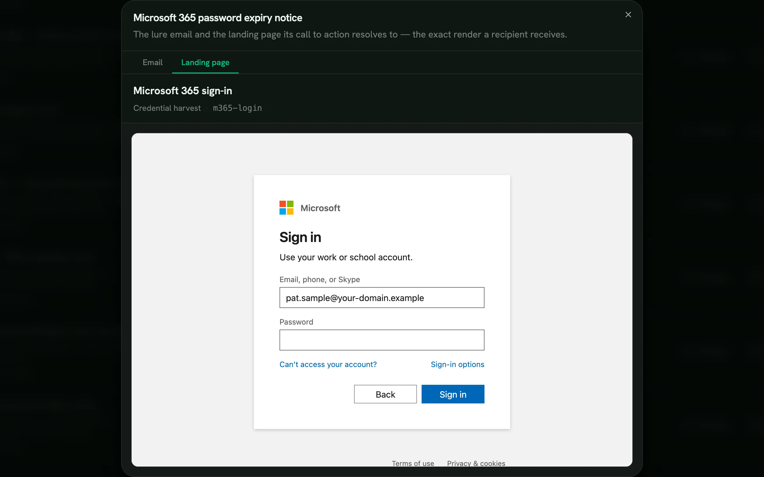 The page a click lands on, phishing simulation console screen