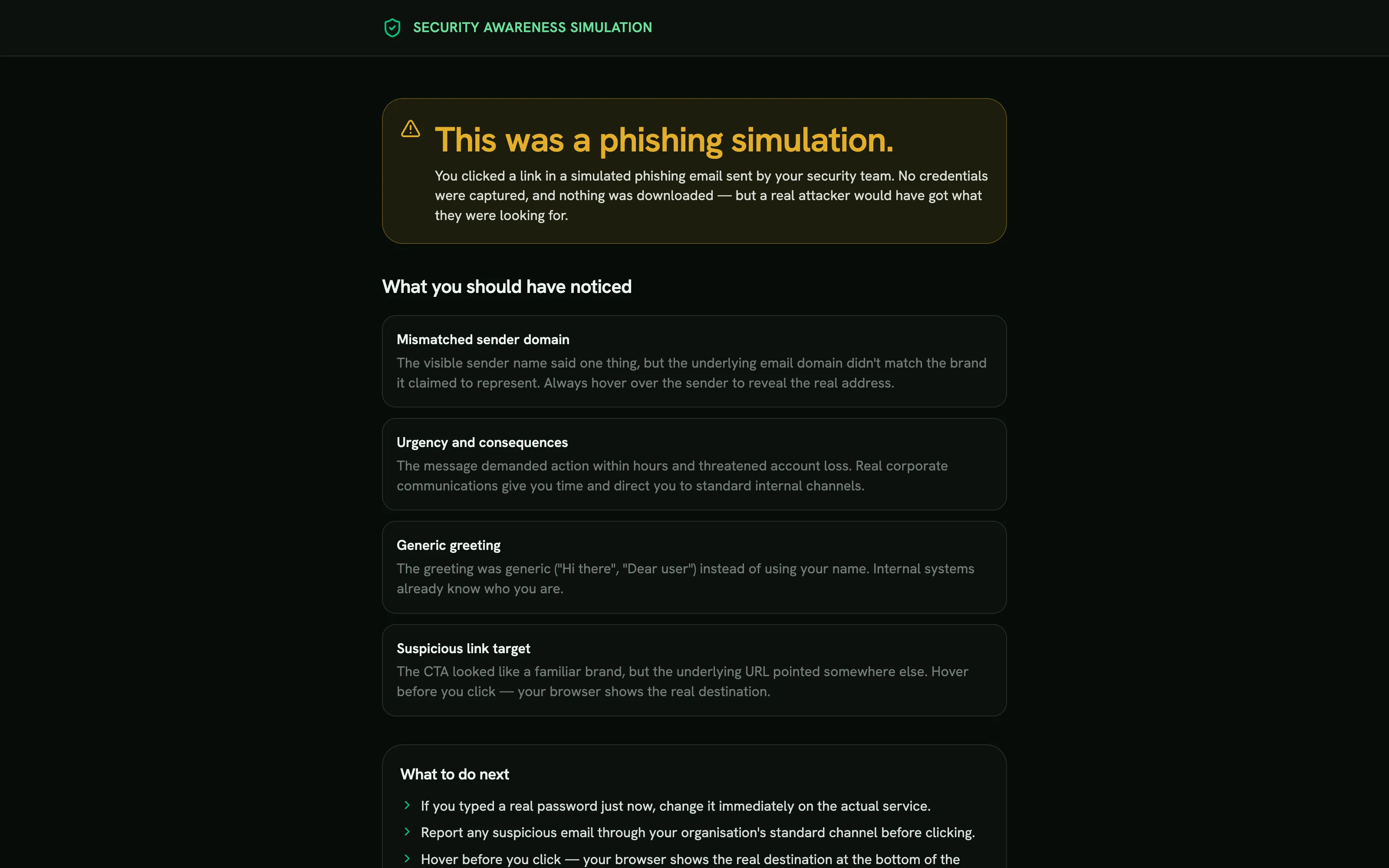 What they learn right after the miss, phishing simulation console screen