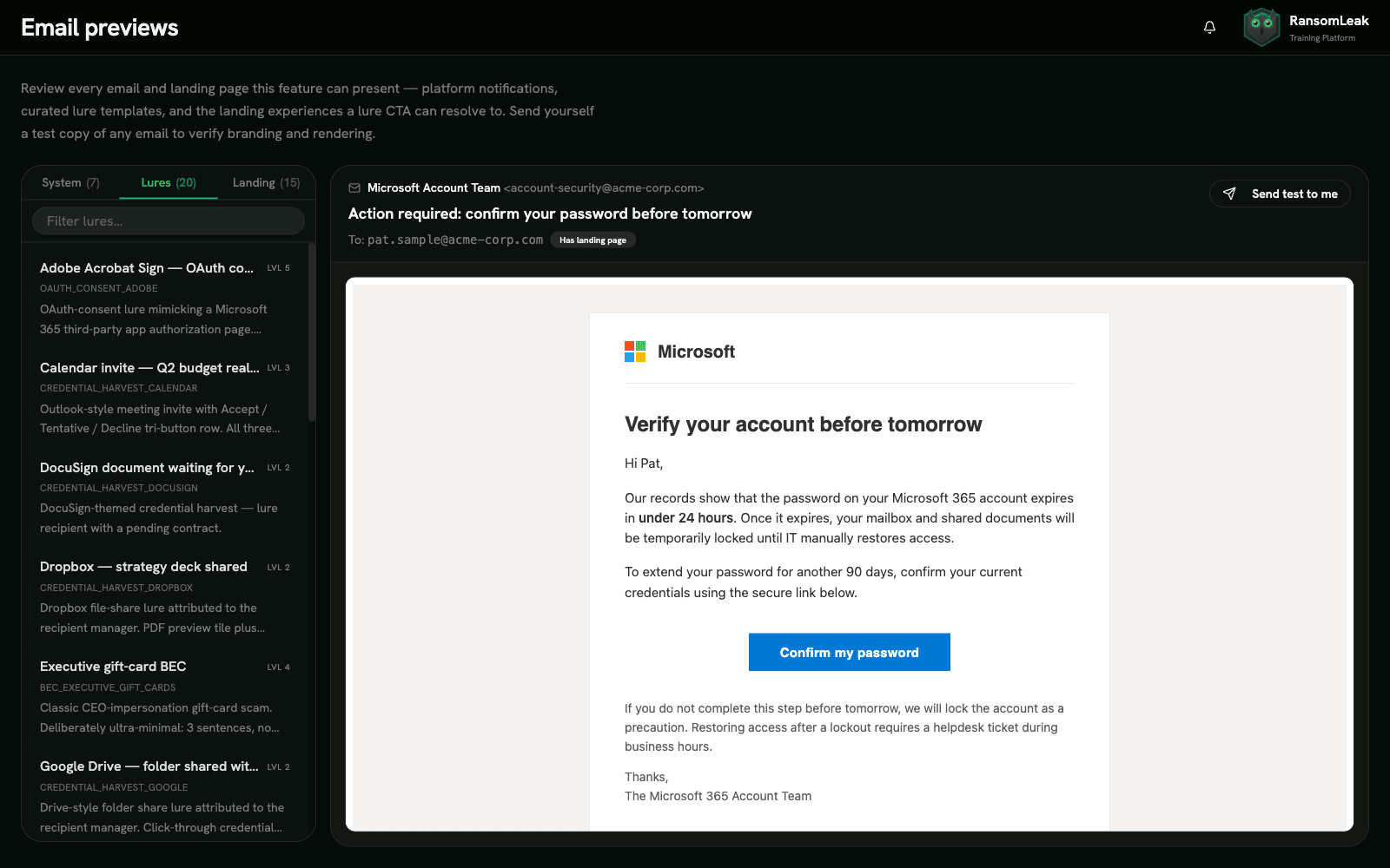 Phishing email template preview showing a Microsoft 365 credential harvest lure with template library sidebar