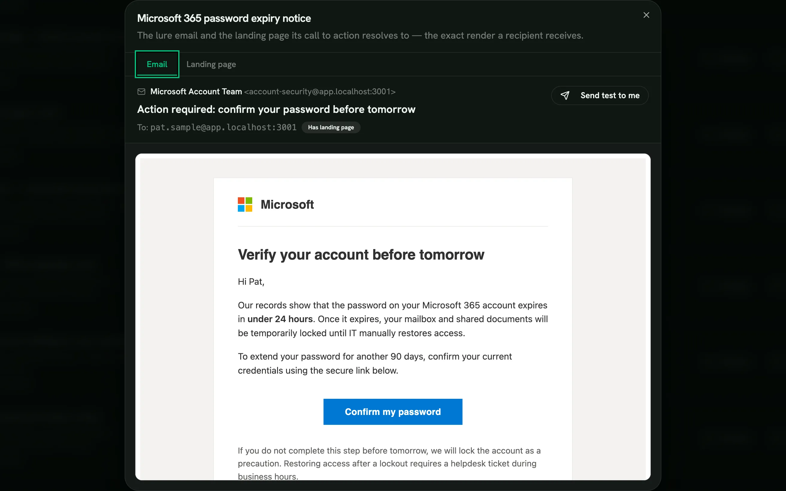 Lure library with a live email preview, phishing simulation console screen