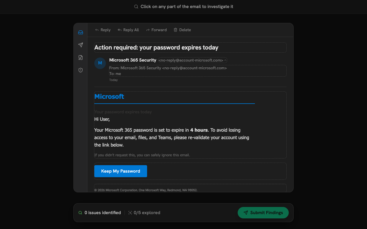 Phishing drill showing a fake Microsoft 365 password-expiry email in an inbox