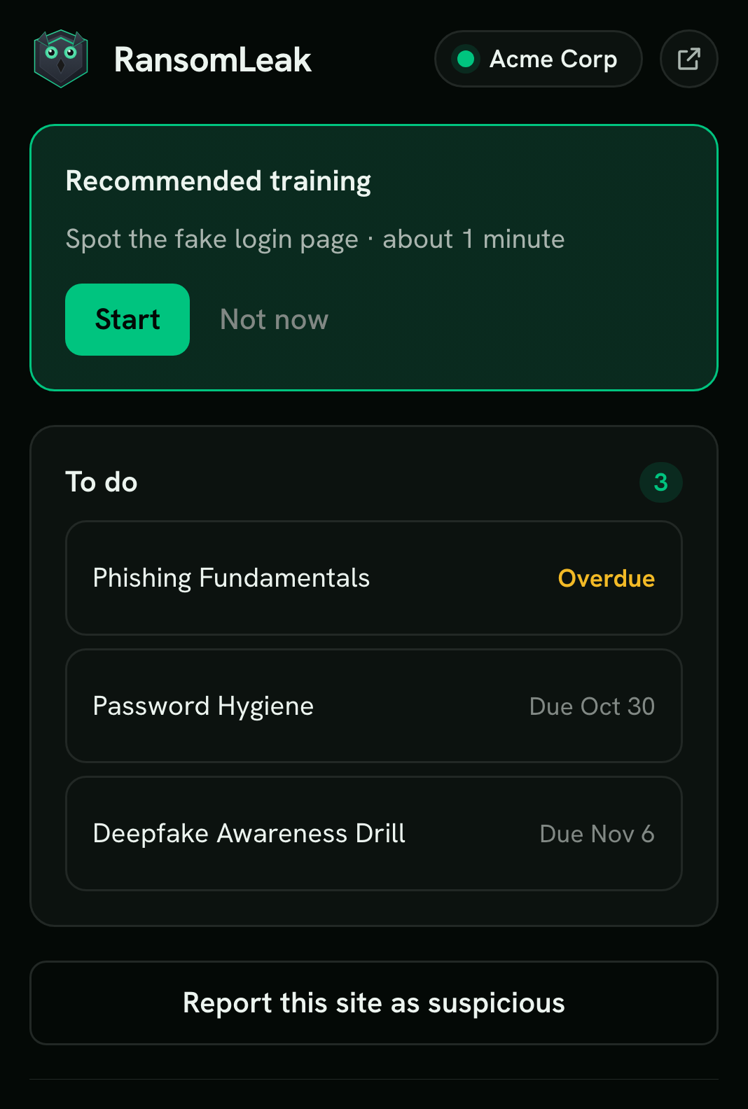 The extension popup for Acme Corp: recommended training, a To do list with one overdue course and two due dates, and a Report this site as suspicious button