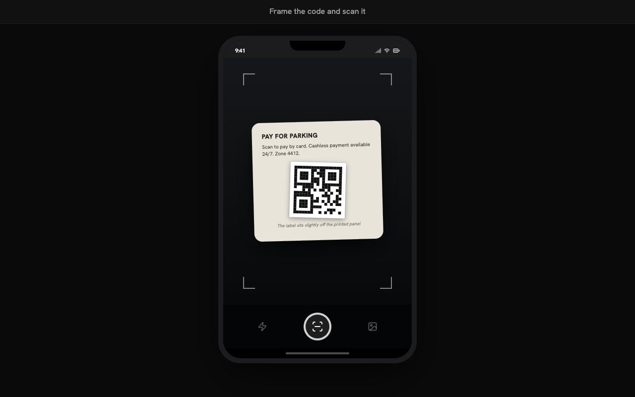 Quishing drill showing a phone scanning a QR code on a parking meter