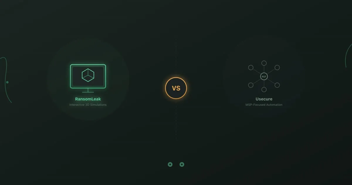 Side-by-side comparison of RansomLeak interactive 3D simulations versus Usecure MSP-focused automated security awareness