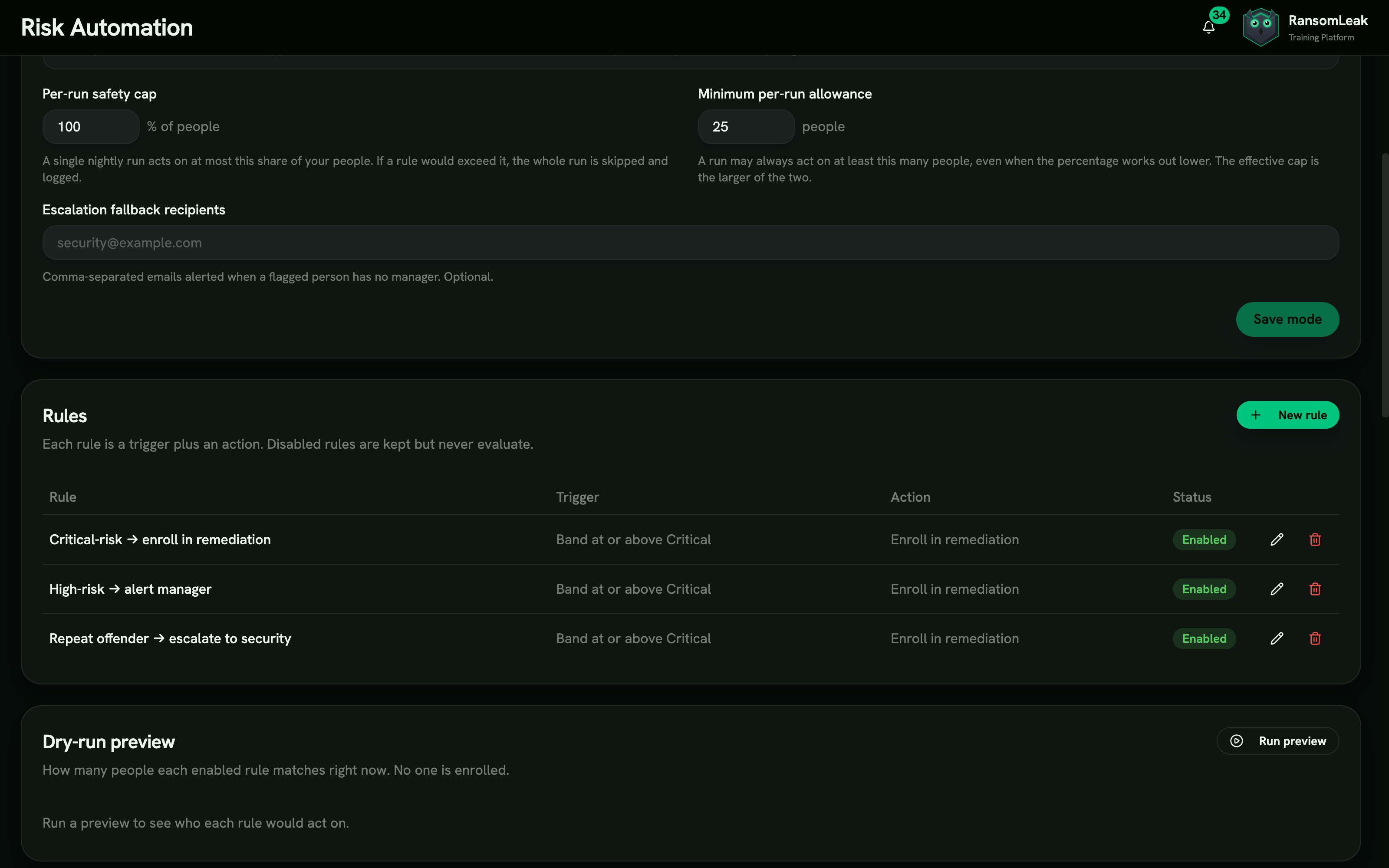 Risk-automation rules table with a per-run safety cap, a minimum allowance, and three enabled rules for critical-risk auto-enrollment, a high-risk manager alert, and a repeat-offender escalation, each showing its trigger and action