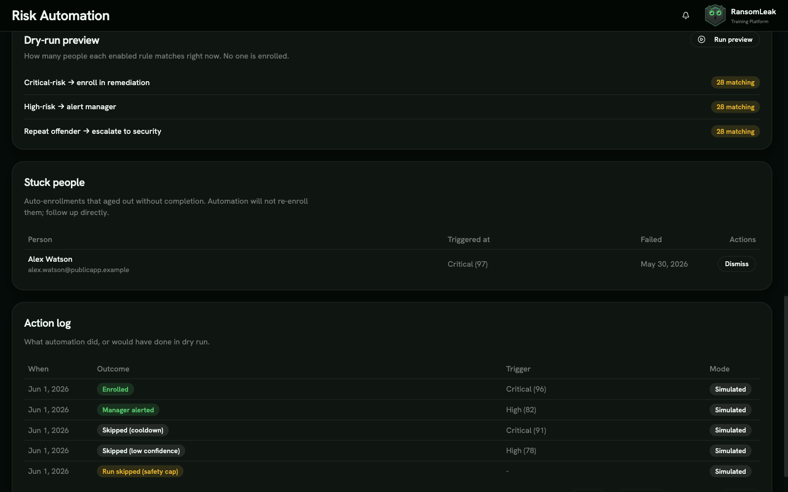 Dry-run preview showing how many people each enabled rule currently matches, alongside the stuck-people queue and the action log so admins can see the exact audience and outcomes before going live