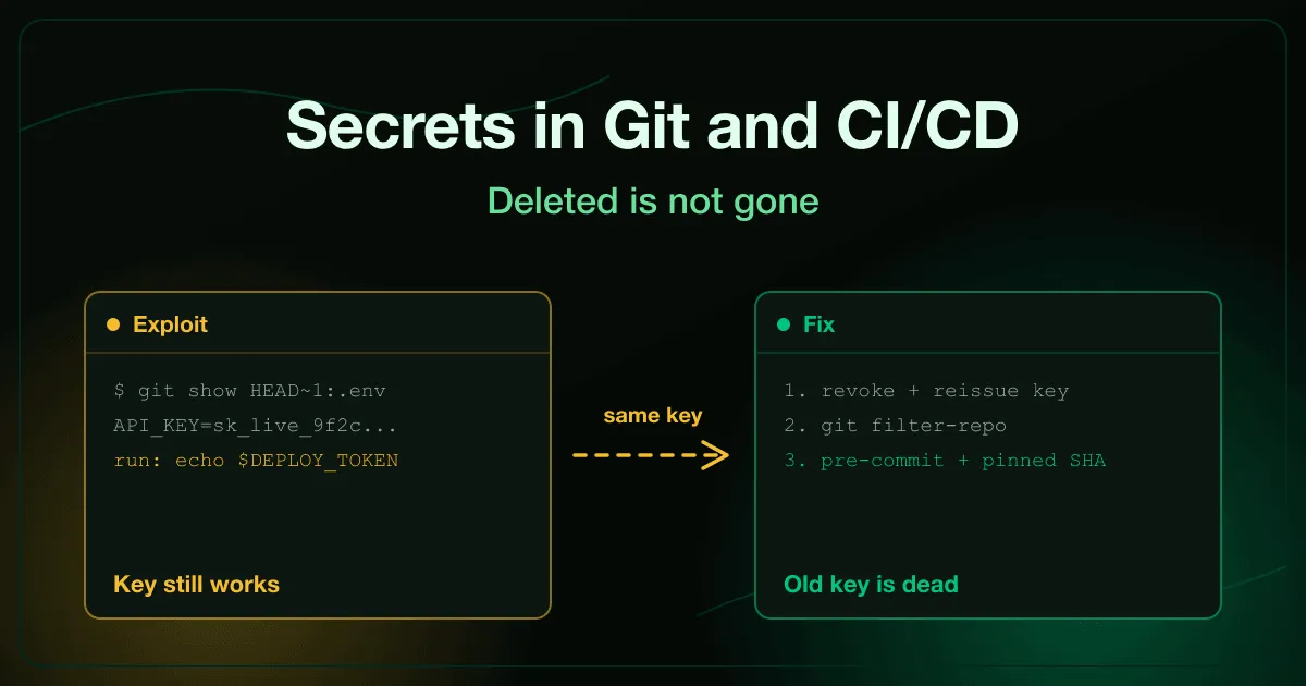 Секрети в Git і CI/CD: ключ API, відновлений із коміту перед його видаленням, і токен розгортання, виведений у журнал збірки, виправлені відкликанням ключа до очищення історії