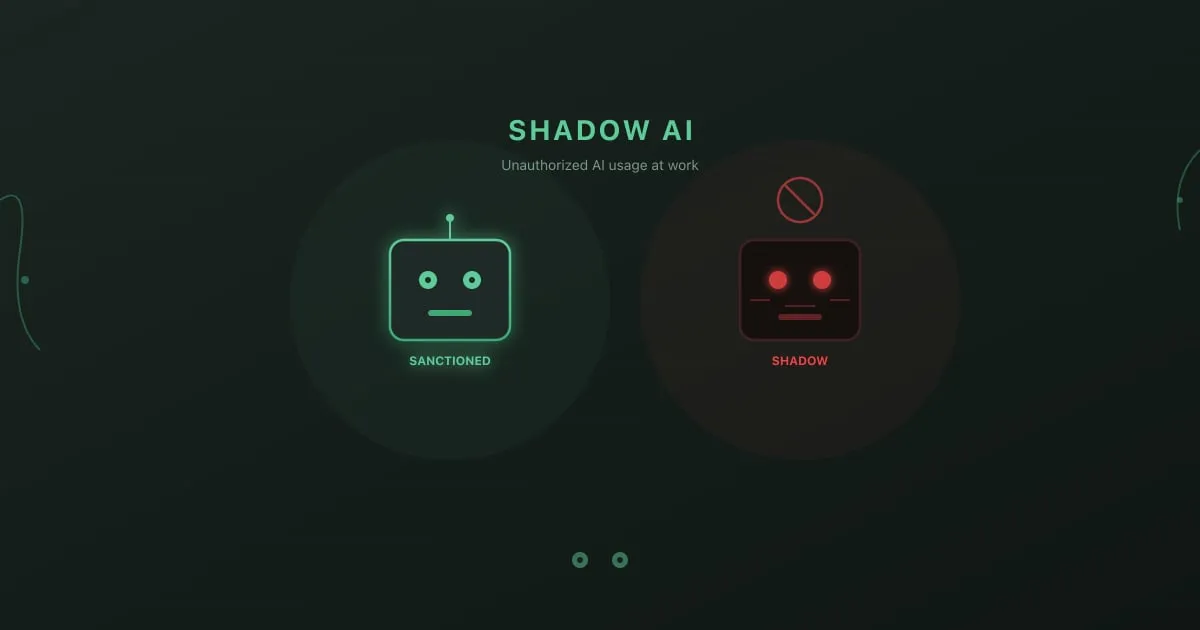 Shadow AI - sanctioned AI assistant beside an unauthorized shadow AI marked with a forbidden icon