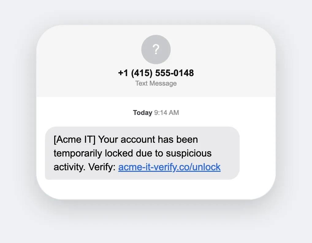 Account suspended, simulated smishing text message