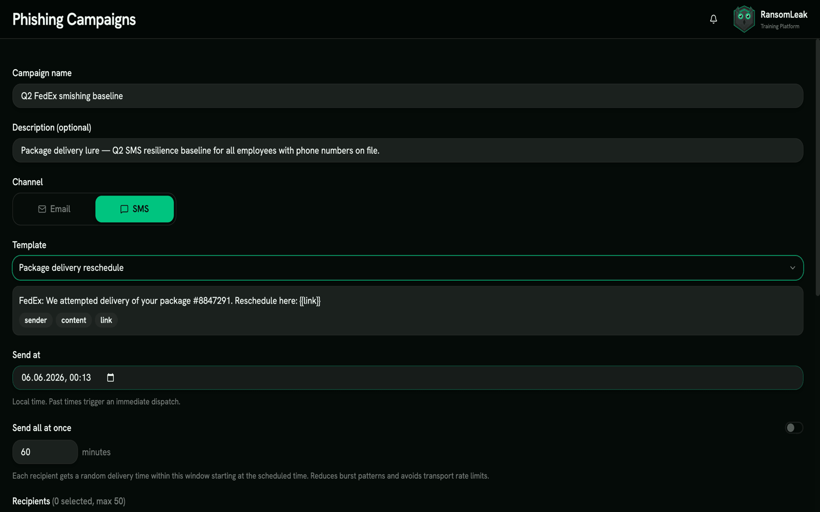Smishing campaign editor with the SMS channel selected and a package-delivery text template ready to send