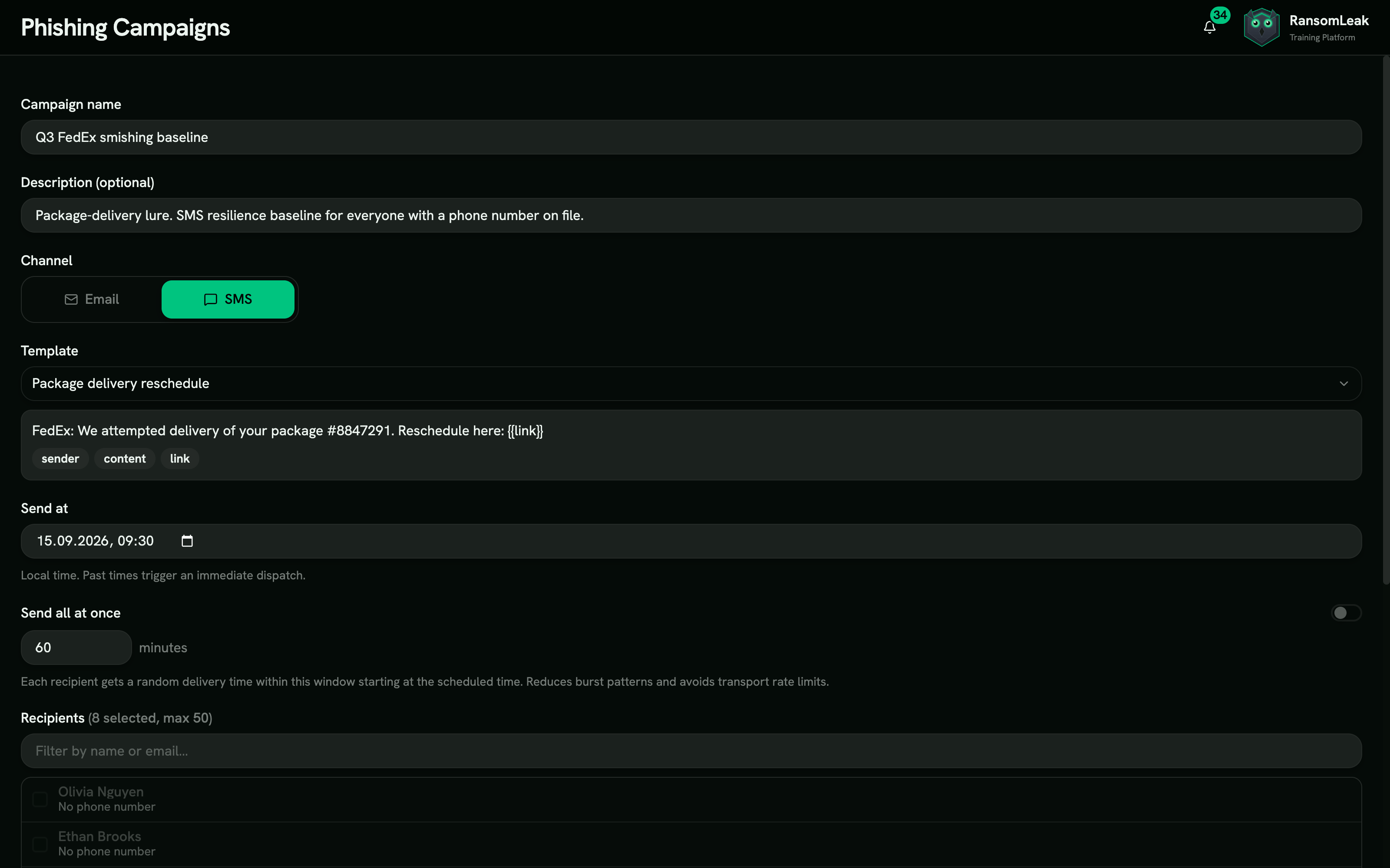 Smishing campaign editor with the SMS channel selected, a package-delivery template chosen from the curated catalog, and the rendered text body with red-flag tags for sender, content, and link
