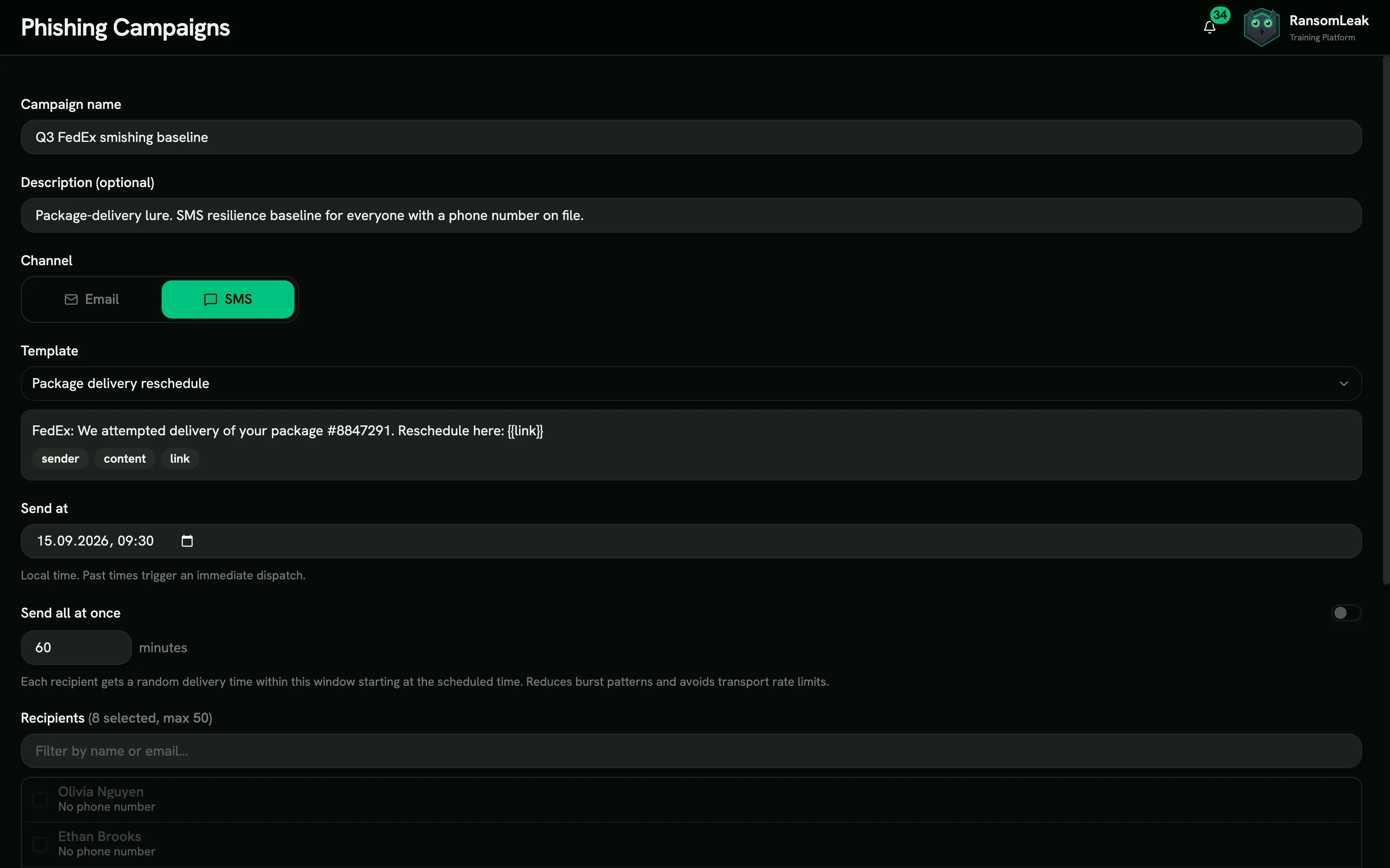 SMS channel with a package-delivery lure, smishing simulation console screen