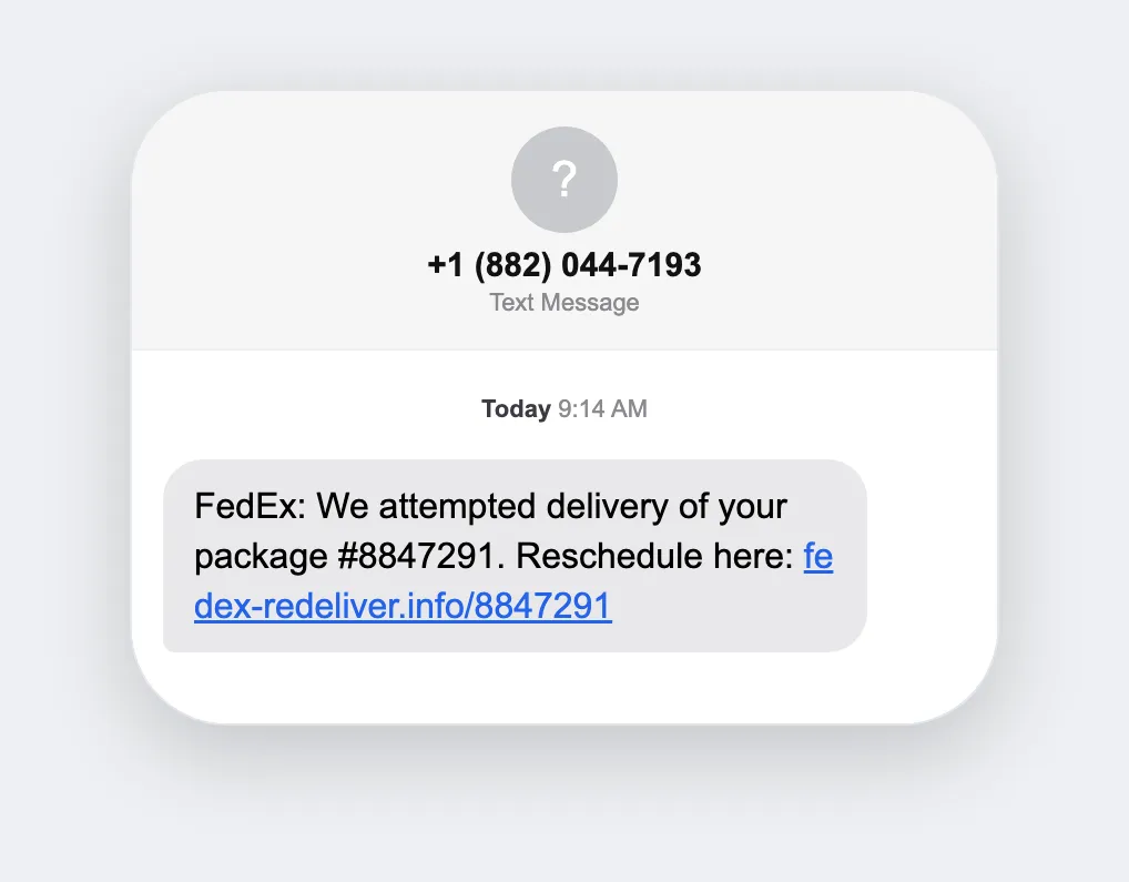 The delivery text that lands on the phone, smishing simulation console screen