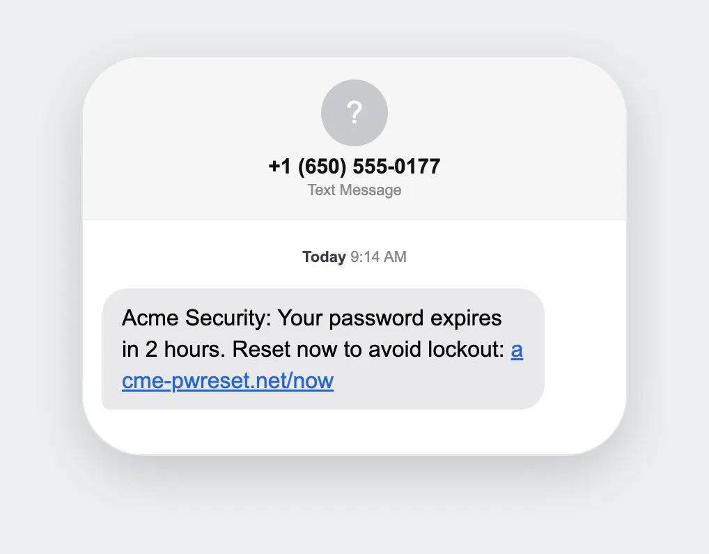 Password expiry, simulated smishing text message