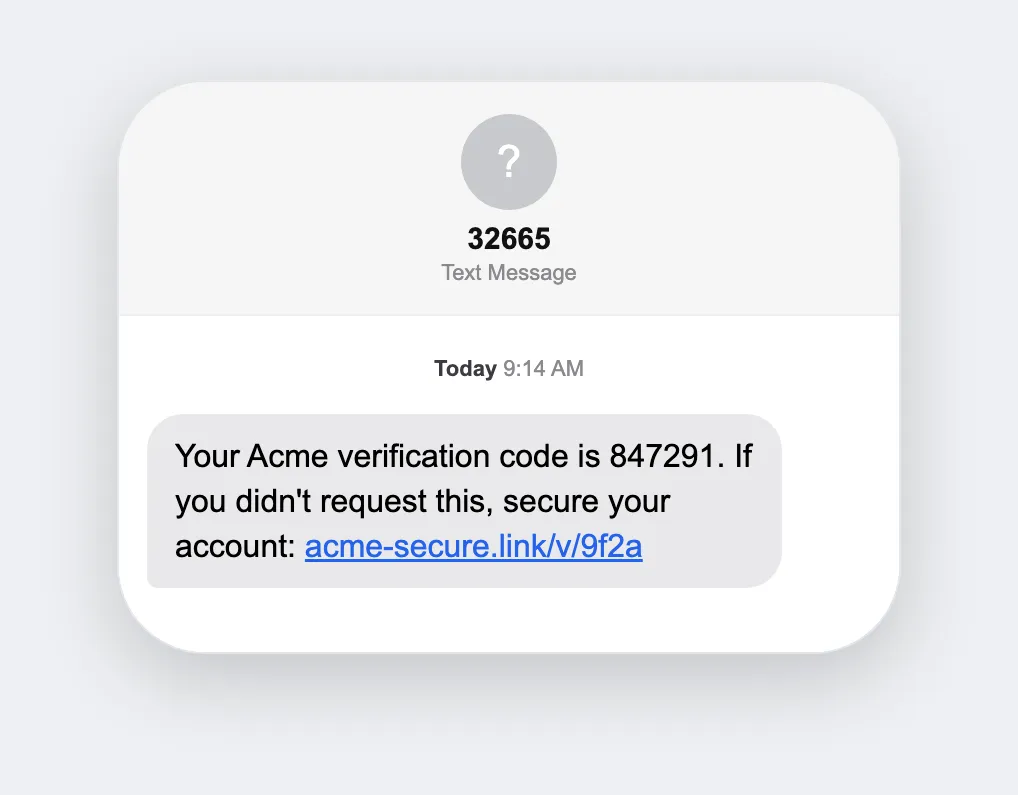 Unsolicited MFA code, simulated smishing text message