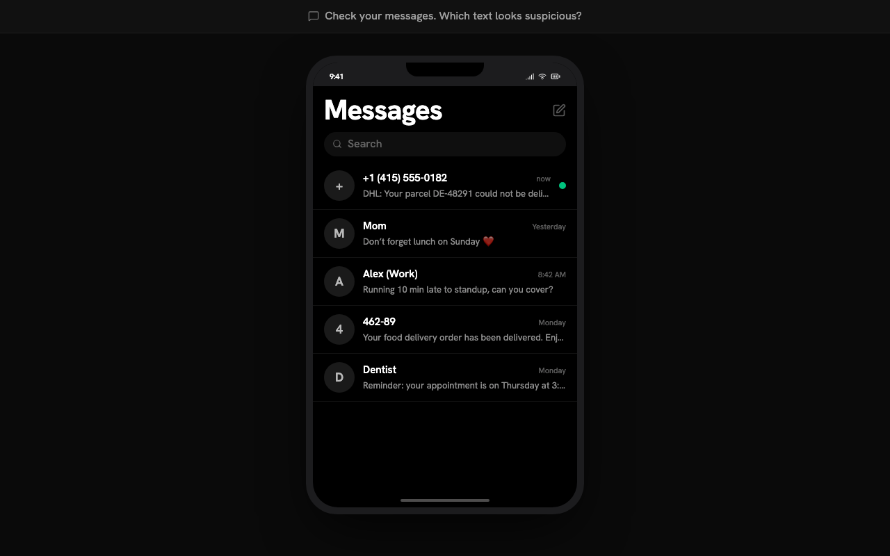 Smishing drill showing a fake DHL delivery text on a phone