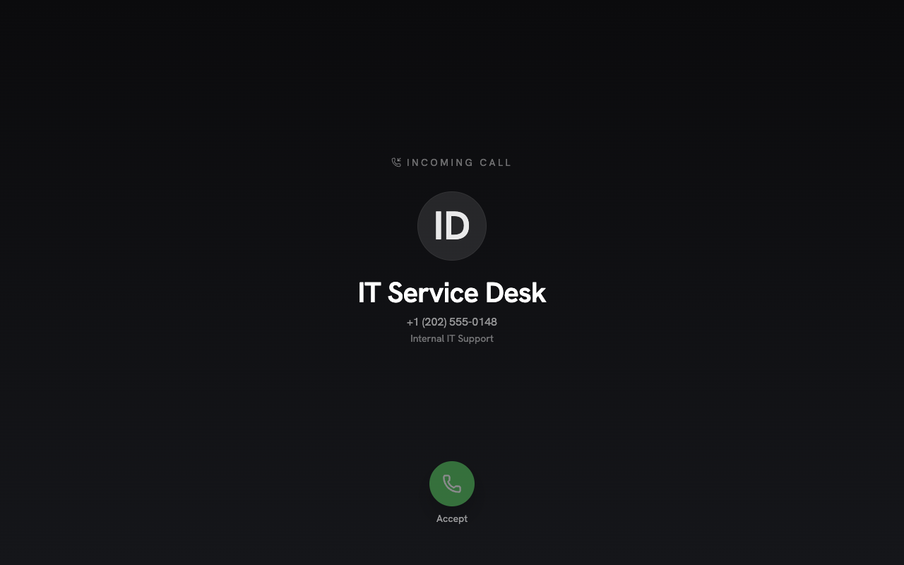Vishing drill showing an incoming call from a fake IT Service Desk