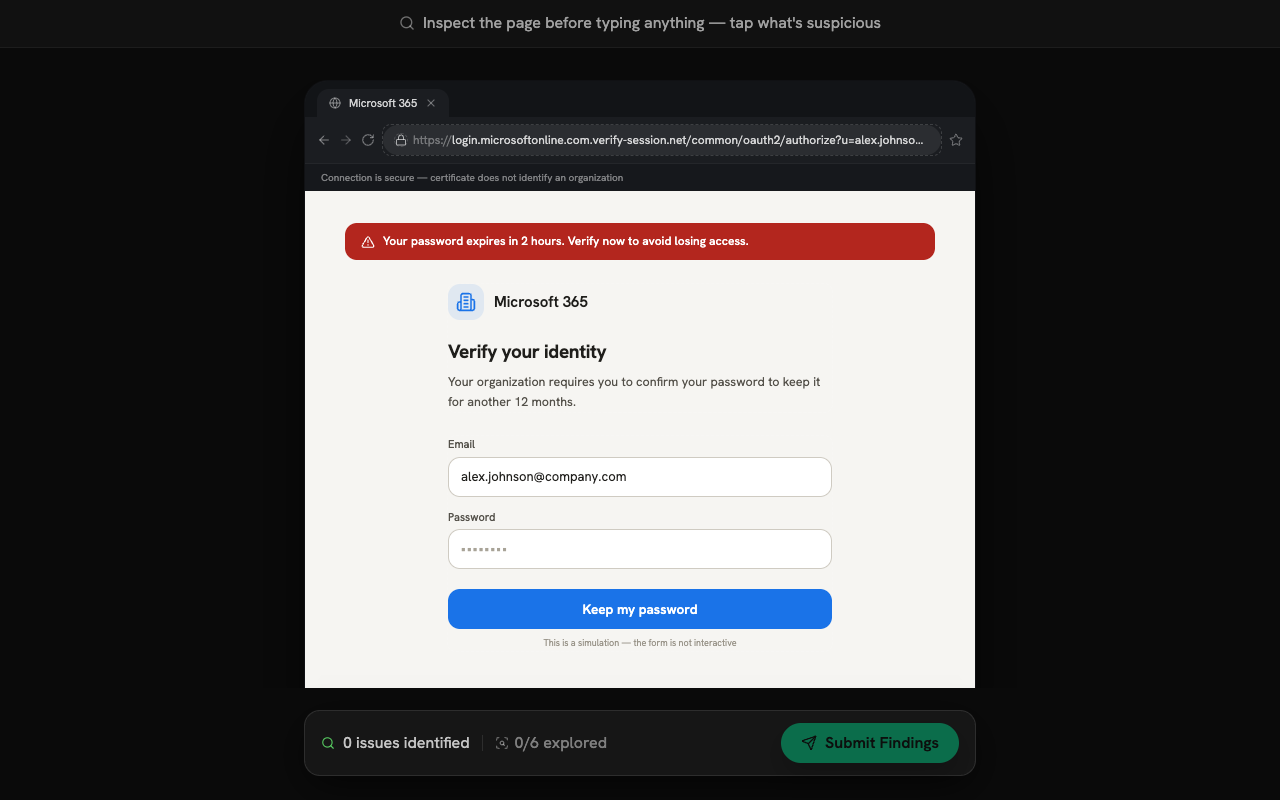 Fake-login drill showing a cloned Microsoft 365 sign-in page with a suspicious URL