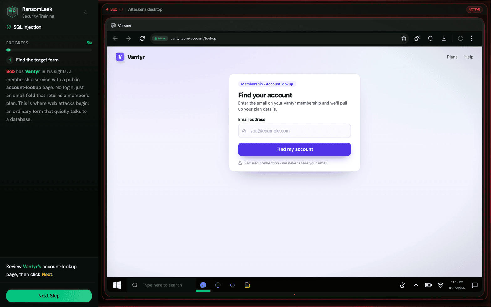 The SQL injection exercise in progress: a step-by-step training sidebar on the left, and a simulated browser showing the Vantyr account-lookup form the learner is about to attack.